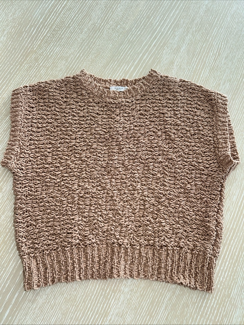 Peserico Open Knit Cotton Sweater Light Brown Short Sleeve Italy Women’s 40 US 6
